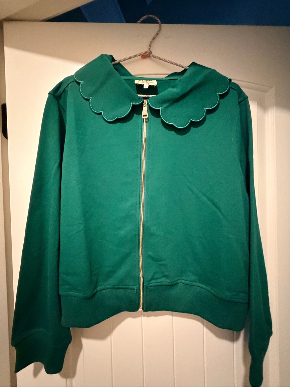 Scalloped-Collar Zip Hoodie in Emerald Green - Women